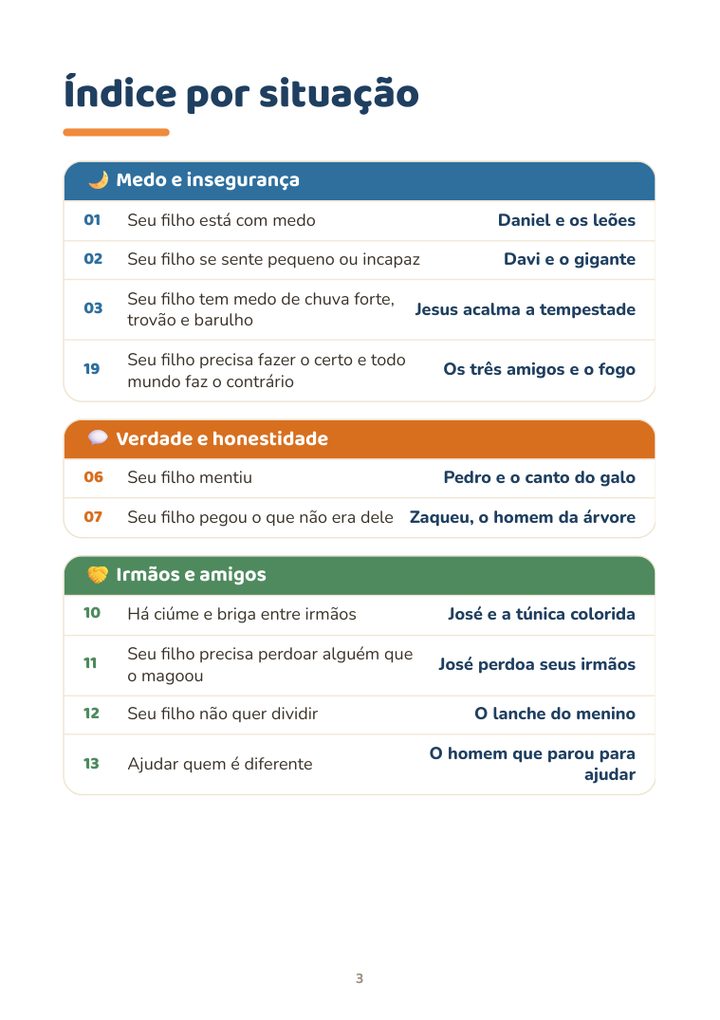 Índice com as histórias agrupadas por situação, cada grupo de uma cor